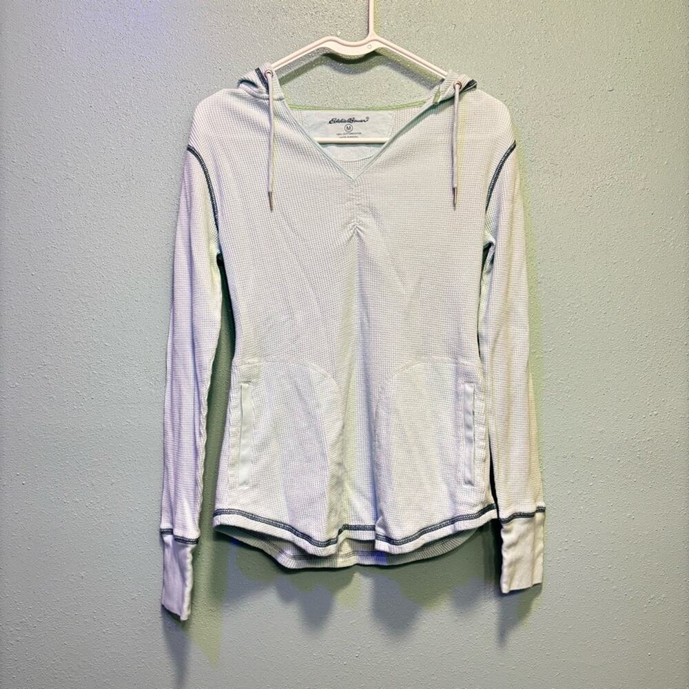 Eddie Bauer Women’s Light Blue Fitted Long Sleeve Hooded Shirt Size M - Picture 1 of 8